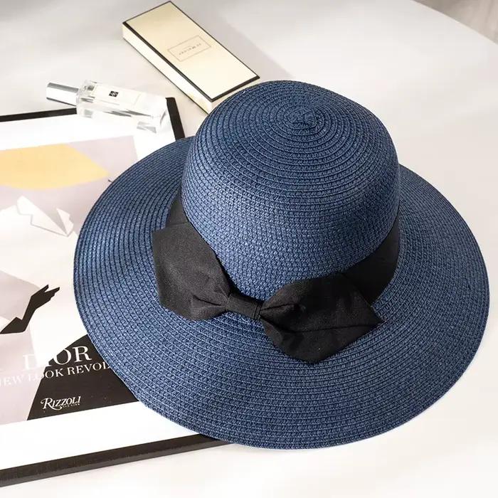 Chapeau de paille grand avant-toit avec nœud papillon noir pour femmes protection solaire et élégance mode été plage vacancesextérieuractivitéschic