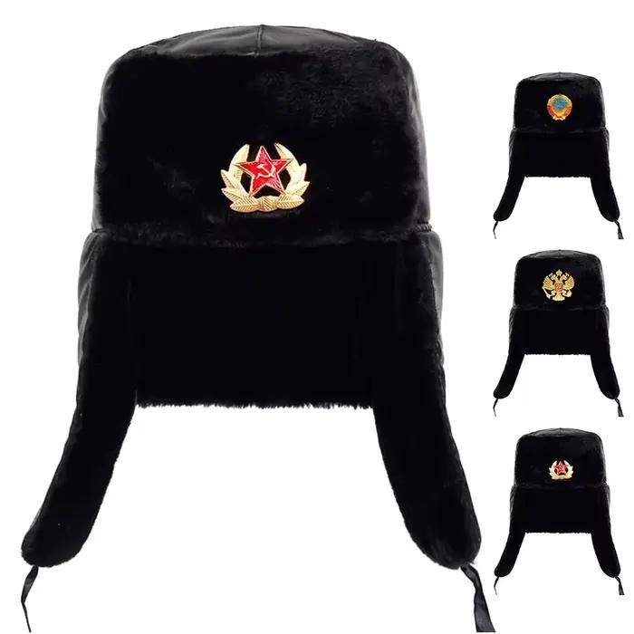 Casquette d'hiver russe en fausse fourrure de lapin avec cache-oreilles