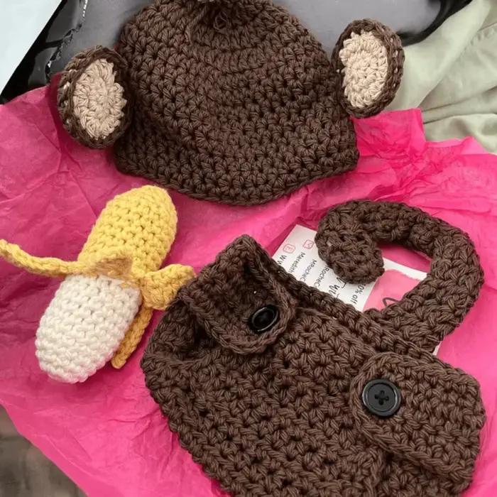 Chapeau de singe mignon pour bébé 0-3 mois ensemble de couvre-couches et chapeau de pêcheur à dessins animés pour sessions de photos et sorties