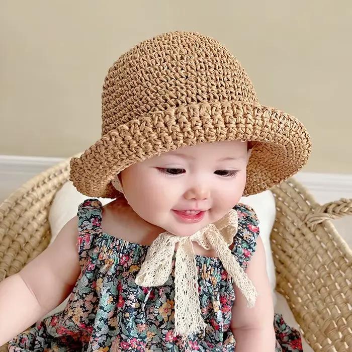 Chapeau d'été en paille avec nœud en dentelle pour bébé filles et garçons 4 à 24 mois chapeau de soleil réglable pour sorties en plein air et vacances familiales