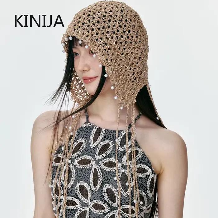 Bonnet tricoté ajouré à paillettes style Ins pour femme