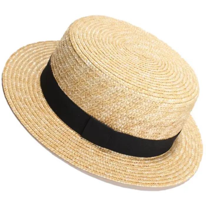 Chapeau de plaisancier à dessus plat en paille de blé naturel pour femmes