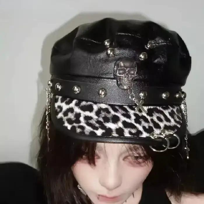 Punk gothique foncé Rivet cuir boucle Hip Hop casquette chapeau Steampunk Harajuku Y2K épicé fille crâne béret chapeaux Chic Streetwear casquettes