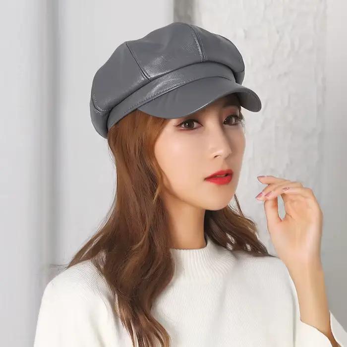 Nouveau femmes en cuir PU bérets casquette chapeau noir rouge extérieur réglable femme automne hiver décontracté dame