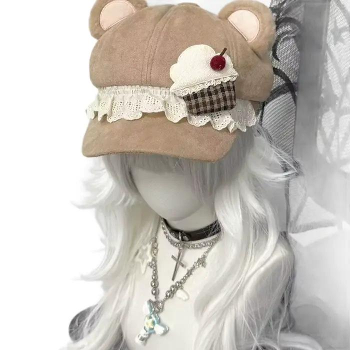 Casquette de baseball en peluche avec oreilles d'ours et dentelle