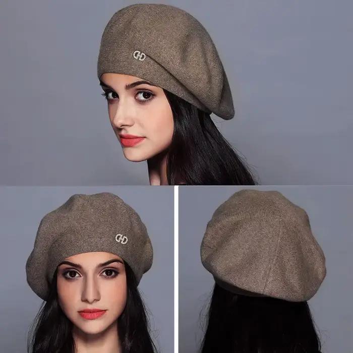 Nouvelle mode béret pour femmes dame tricoté automne hiver chaud rouge blanc noir marron bleu marine femme strass laine chapeau casquette
