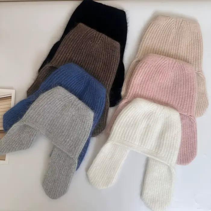 Bonnet d'hiver pour femme en angora tricoté avec cache-oreilles