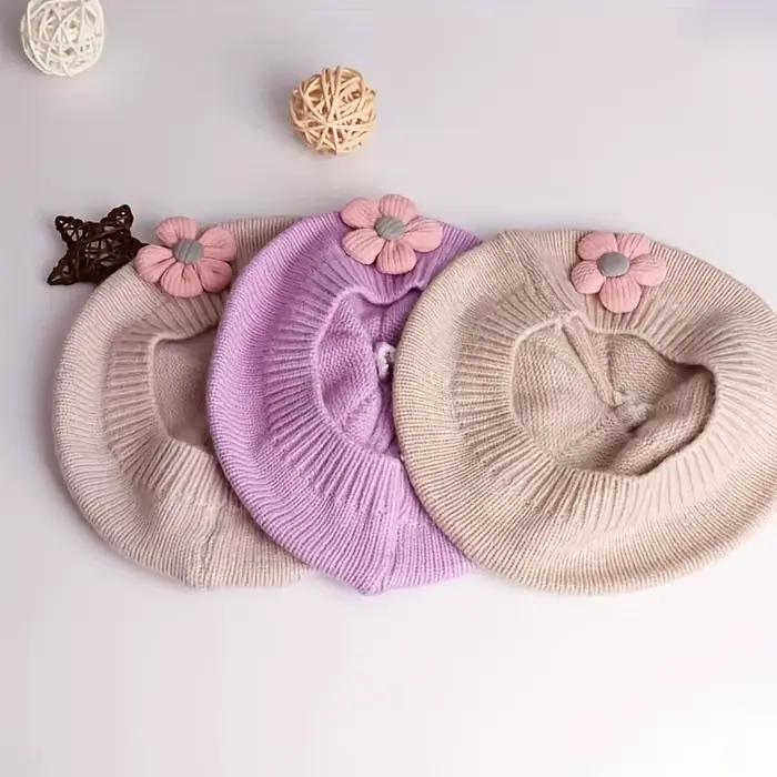 Béret à fleurs pour bébé tricoté en polyester mignon uni coloré pour nourrissons filles garçons occasions spéciales de 1 à 3 ans