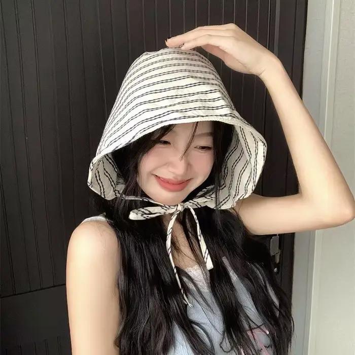 Brim FoLdabLe Chapeaux seau avec StrinG pour femmes coréen rayé femme Panama Bob extérieur plage pêcheurs chapeau