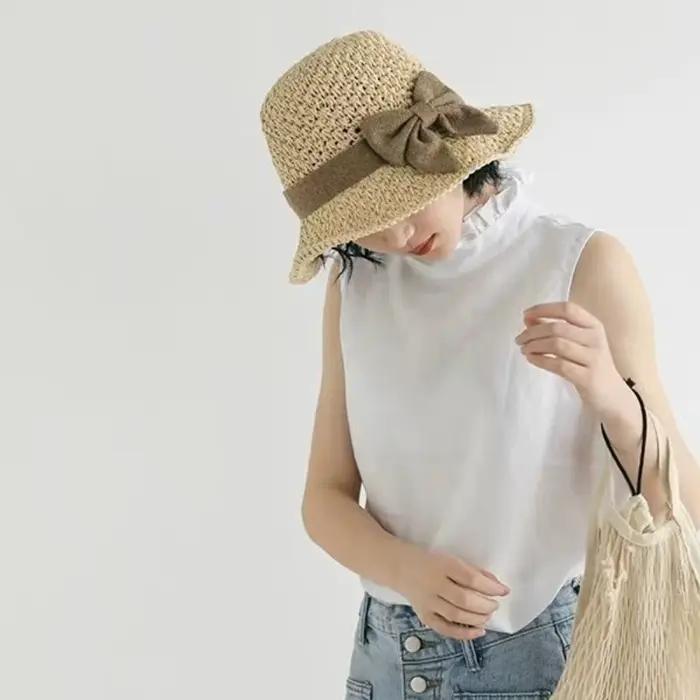 Chapeau de paille vintage à large bord avec nœud