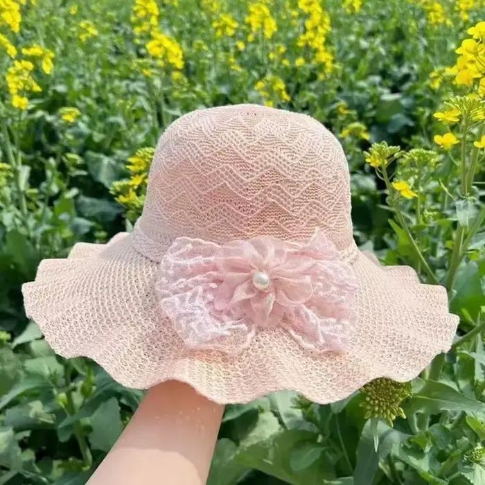 Chapeau Bob Tricoté Léger à Large Bord Couleur Unie avec Nœud en Dentelle Respirant Protection UV pour Fête