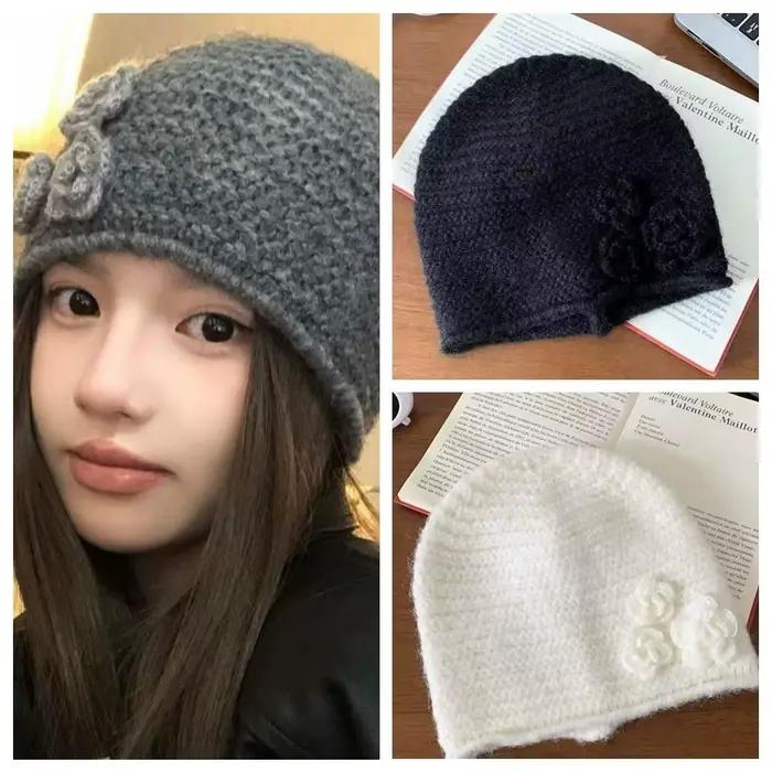 Bonnet en laine tricoté uni doux style coréen
