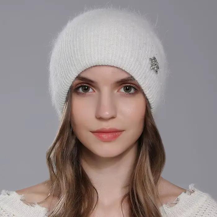 CNTANG chapeau pour femmes hiver chaud mode avec diamant fleur bonnets tricoté Angora longs lapin fourrure chapeaux Double couche dames casquette