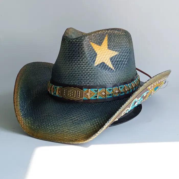 Chapeau de cowboy en paille unisexe style western multicolore pour homme et femme occasions estivales et printanières
