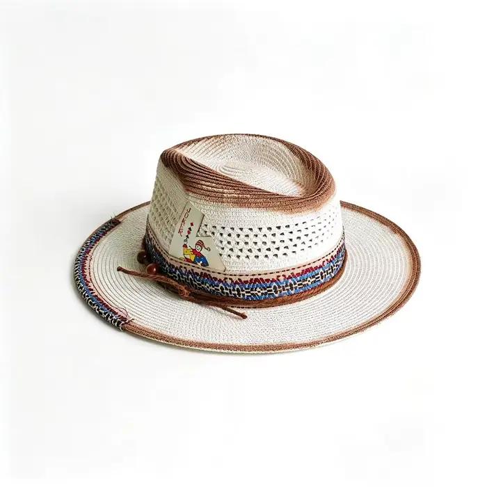 Chapeau de paille tressé vintage vieilli style panama large bord pour femmes et hommes été plage jeux de cartes occasionnels