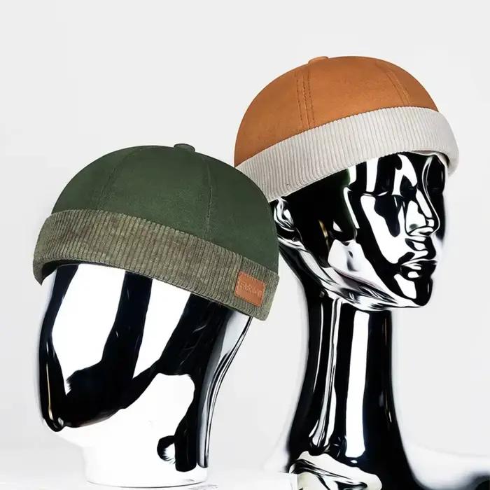 Bonnet marin unisexe tendance avec bordure en velours côtelé et patch en cuir