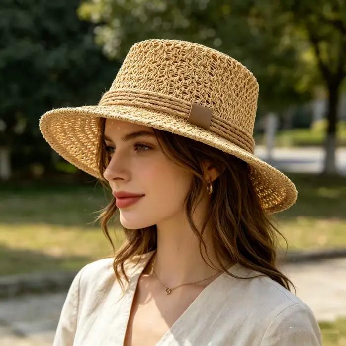 Chapeau de paille rétro coréen ajouré à dessus plat pour femme