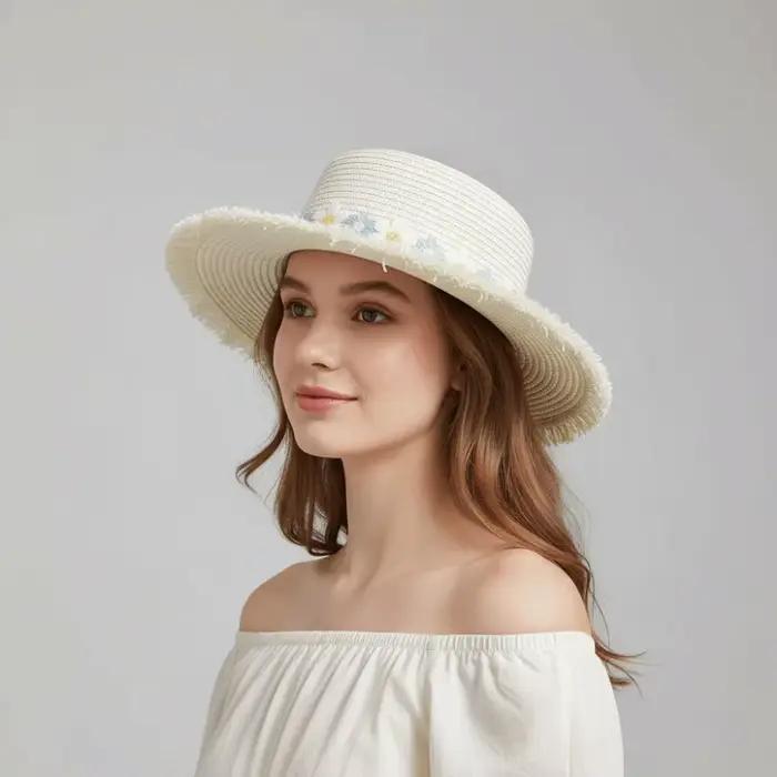 Chapeau de paille à large bord tendance avec fleur