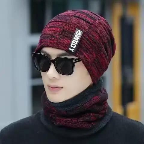 Cache-cou tricoté chapeau écharpe ensemble fourrure laine doublure épais chaud tricot bonnets cagoule
