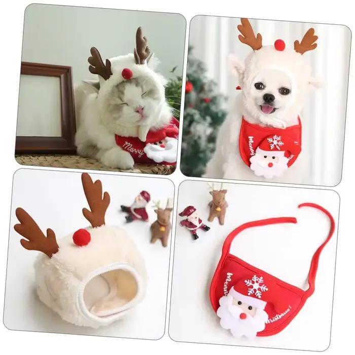Chapeau de Noël pour animaux de compagnie mignon avec antennes, salive towel inclus, pour chiens et chats, accessoire de fête pour halloween, noël, mariage et plus