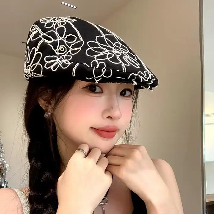 Casquette de gavroche en coton sergé pour femmes et filles béret noir boina style sport occasion décontractée rétro grande collection女性和女孩使用的加瓦罗什棉纱贝雷帽,用于阅读板场景,女士面包师帽,复古大贝雷帽,黑色博纳贝雷帽
