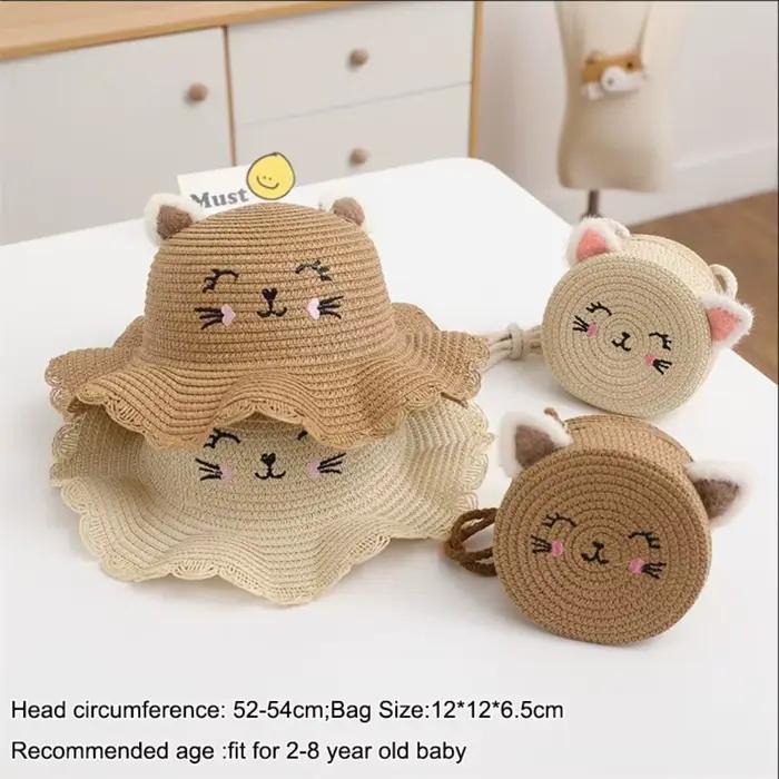 Chapeau de soleil de paille pour enfants motif chat mignon réglable plage été occasions spéciales