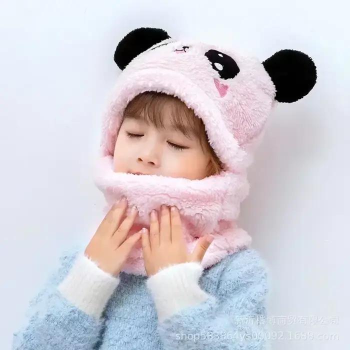 Chapeau de dessin animé mignon pour filles et garçons avec double couche de fourrure, sourire imprimé, pour enfant de 1 à 18 ans, hiver, ensemble bonnet et écharpe
