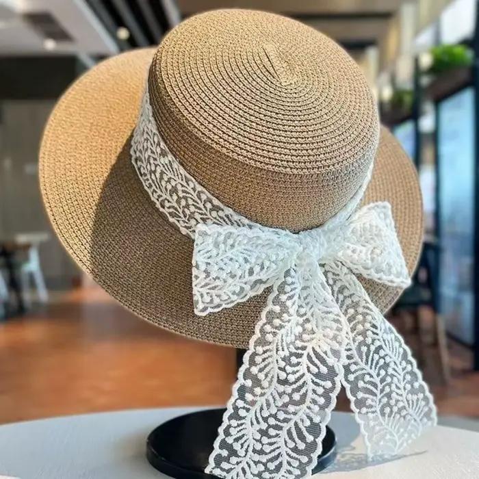 Chapeau de soleil en paille à large bord pour femme avec nœud en dentelle tulipe