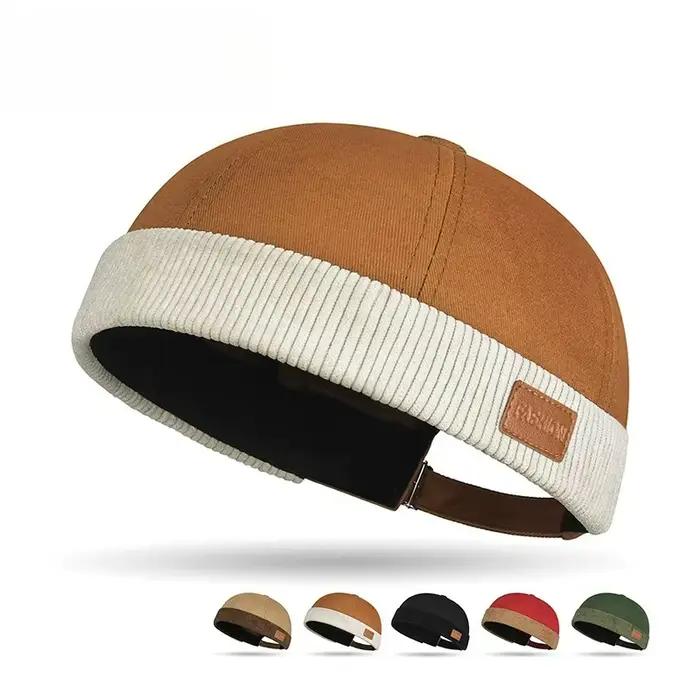 Bonnet marin unisexe tendance avec bordure en velours côtelé et patch en cuir