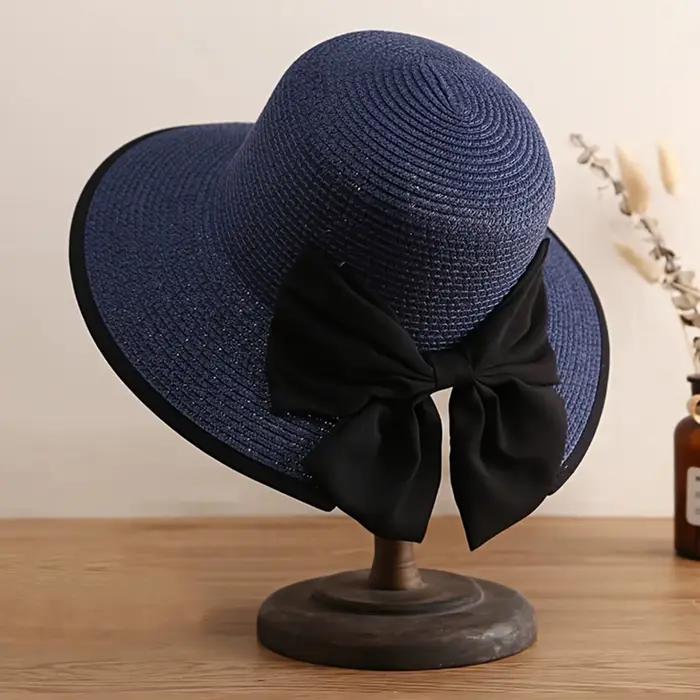 Chapeau de paille à large bord pour femmes avec nœud papillon