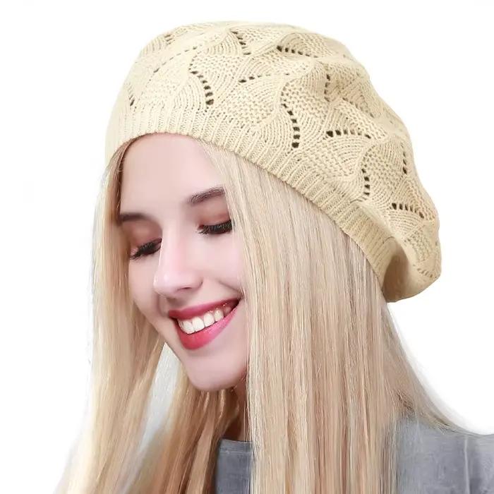 Geebro femmes couleur unie tricot béret chapeau dames artiste français