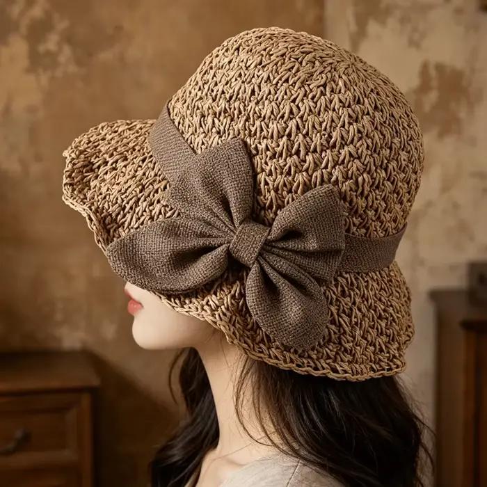 Chapeau de paille vintage à large bord avec nœud