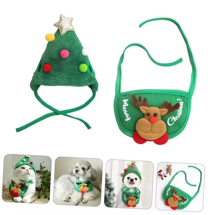 Chapeau de Noël pour animaux de compagnie mignon avec antennes, salive towel inclus, pour chiens et chats, accessoire de fête pour halloween, noël, mariage et plus