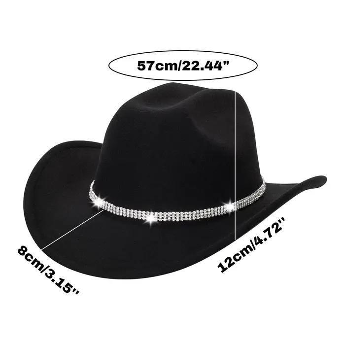 Chapeau de cowboy occidental avec ceinture à boucle en strass scintillants unisexe pour hommes et femmes adapté aux quatre saisons et aux occasions décontractées comme les festivals de musique et les enterrements de vie de jeune fille