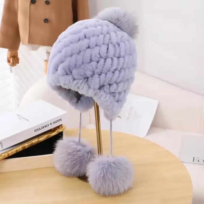 Véritable Rex lapin fourrure chapeau pour femmes automne russe ushanka rayure