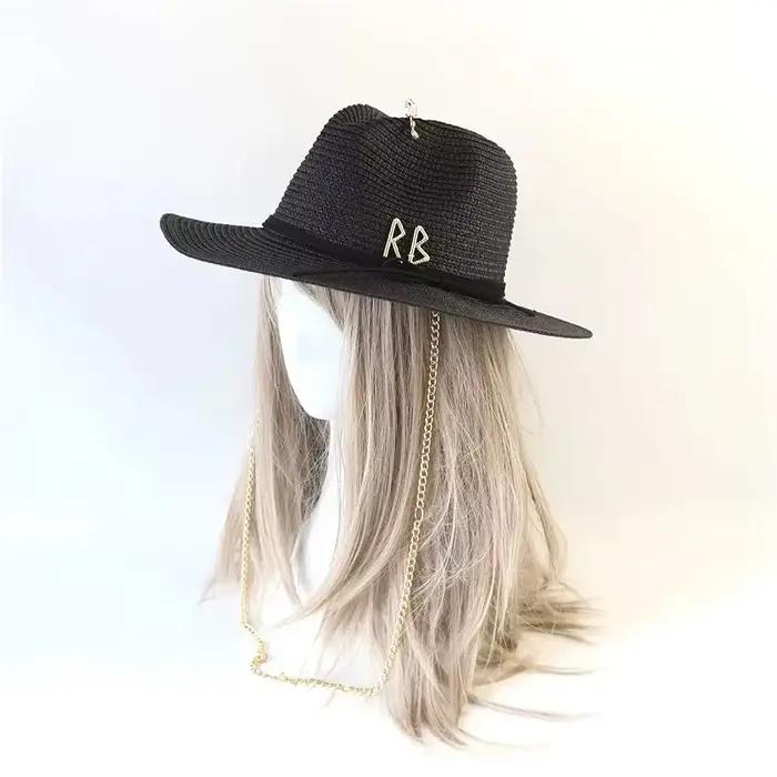Chapeau Panama Tendance d'Été en Paille avec Lettres Métalliques Protection Solaire pour Femmes Hommes Vacances Plage Jazz Occasions Spéciales