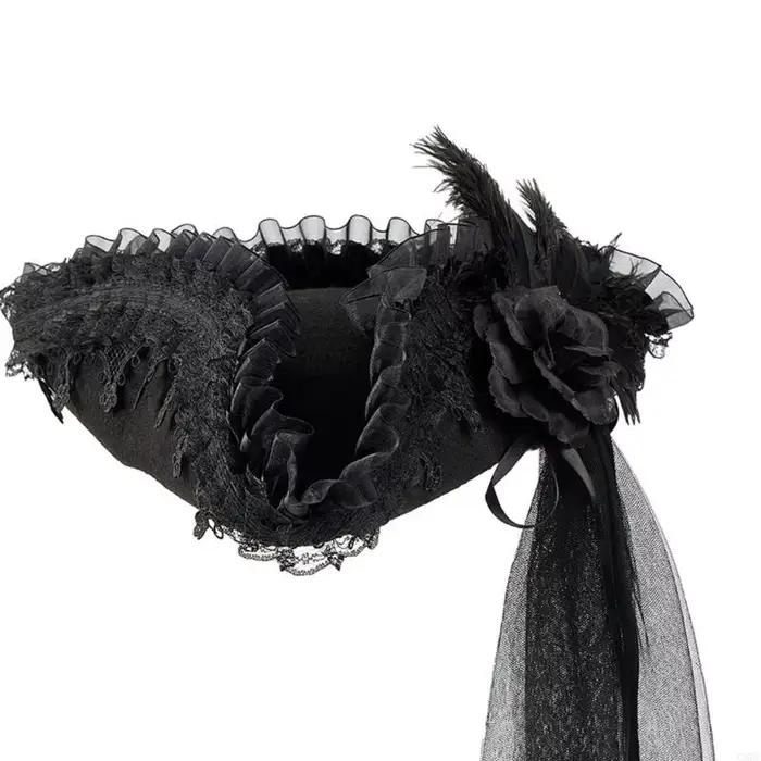 Chapeau tricorne pirate du 18ème siècle avec bordure en dentelle et voile long pour costumes coloniaux, événements Halloween et jeux de rôle d'aventure