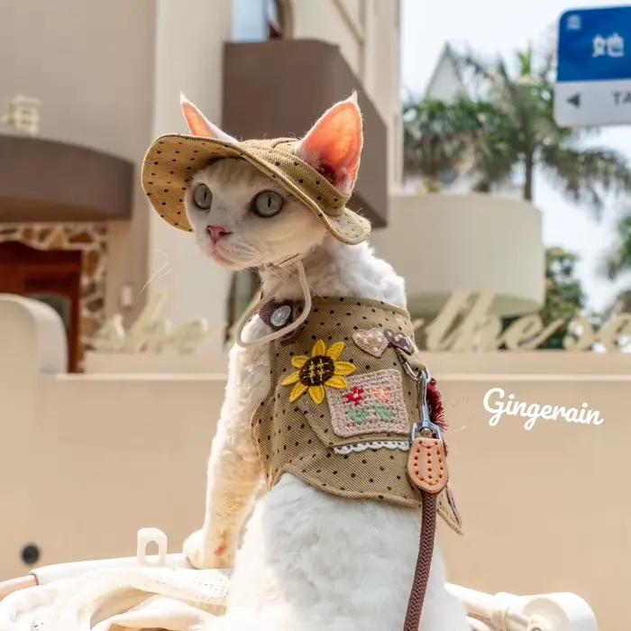 Chapeau de chat en fibre de coton réglable élégant pour chats et petits animaux de compagnie occasions spéciales confortable Blanc Gris