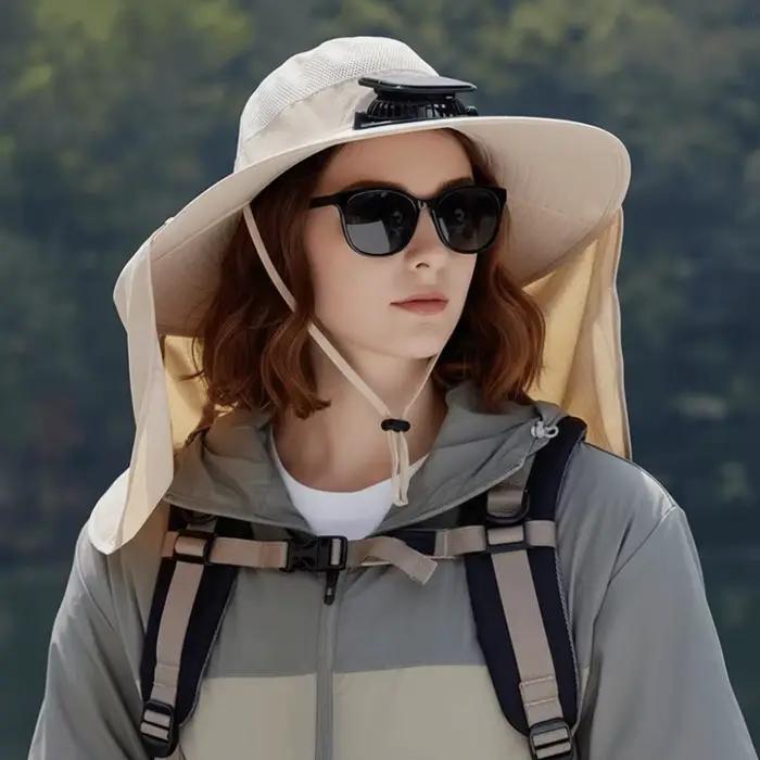 Chapeau de pêche solaire UPF50+ avec ventilateur intégré et châle