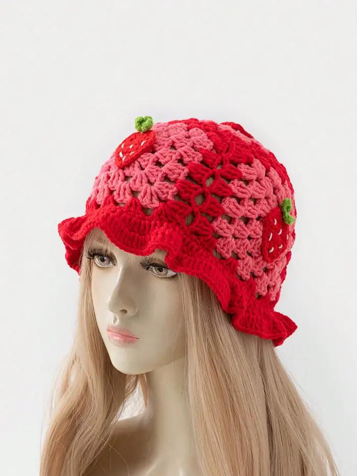 Chapeau de pêcheur en forme de fraise rouge de dessin animé pour femme