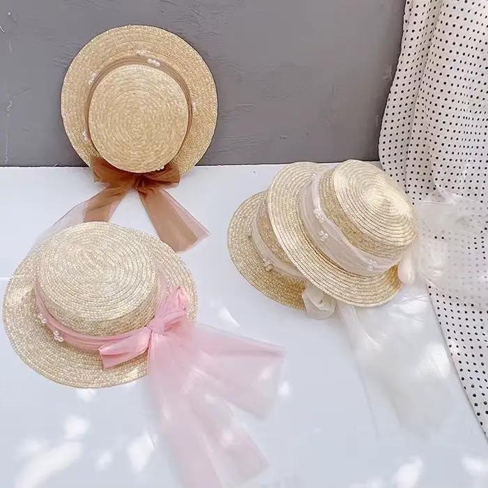 Chapeau de paille d'été élégant en dentelle et perles pour mère et fille, protection solaire, occaSIONS SPECIALES