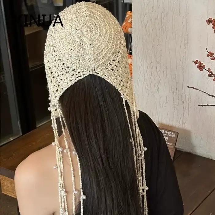 Bonnet tricoté ajouré à paillettes style Ins pour femme