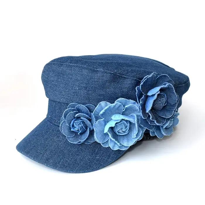 Béret en jean tendance avec fleur tridimensionnelle