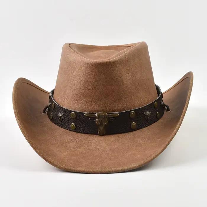 Nouveau 100% cuir hommes femmes Western Cowboy chapeau à large bord parrain chapeaux Gentleman église Sombrero Hombre Jazz casquette