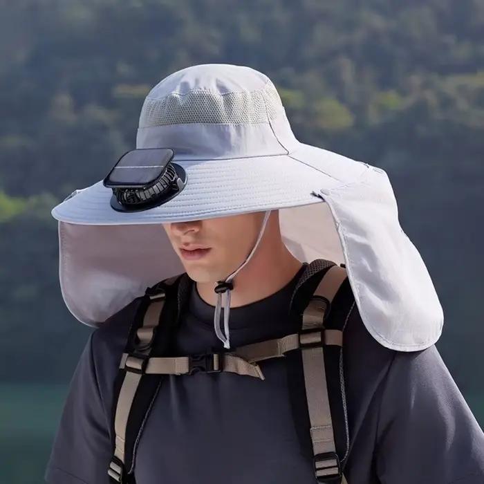 Chapeau de pêche solaire UPF50+ avec ventilateur intégré et châle