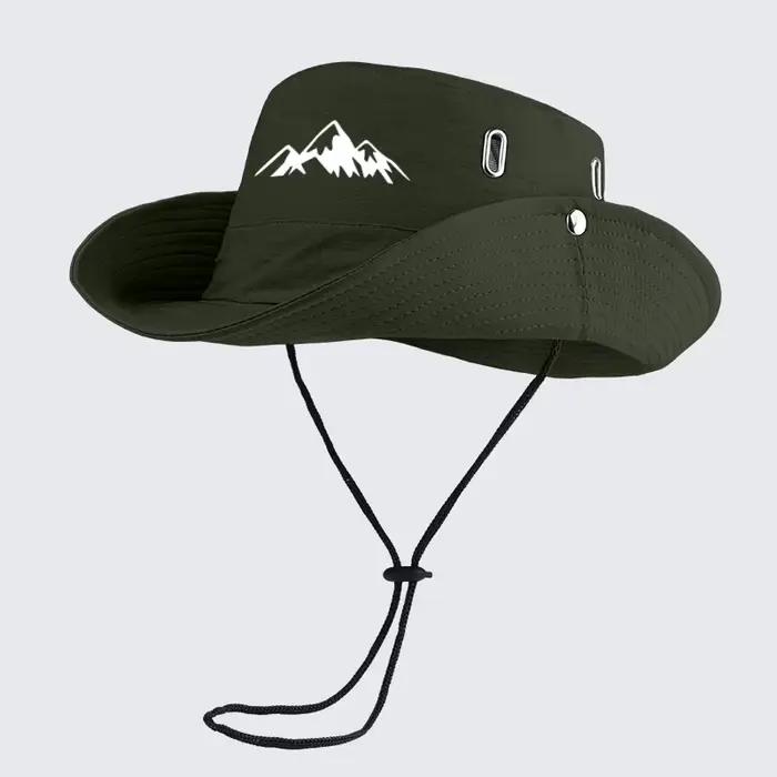 Chapeau de soleil respirant à imprimé montagne avec cordon de serrage réglable résistant au vent - Parfait pour la randonnée, le camping et l'alpinisme