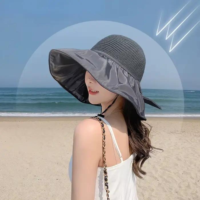 Chapeau de soleil d'été pour femme en paille tressée anti-UV 2025 avec large bord