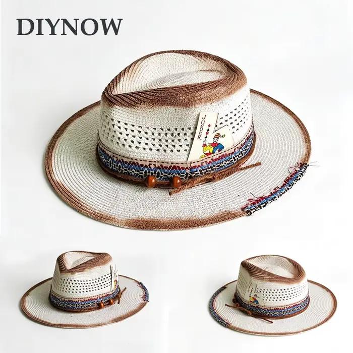 Chapeau de paille tressé vintage vieilli style panama large bord pour femmes et hommes été plage jeux de cartes occasionnels