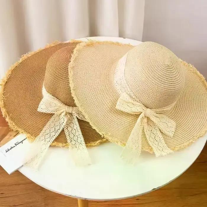 Chapeau de plage en paille surdimensionné pour femme avec nœud
