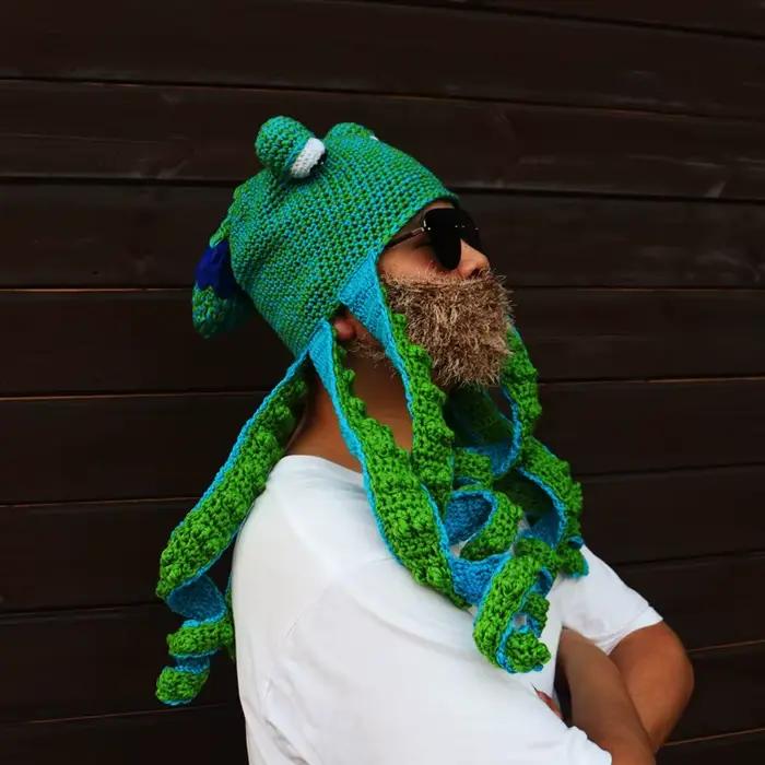 Chapeau en laine tricoté avec barbe de poulpe pour hommes